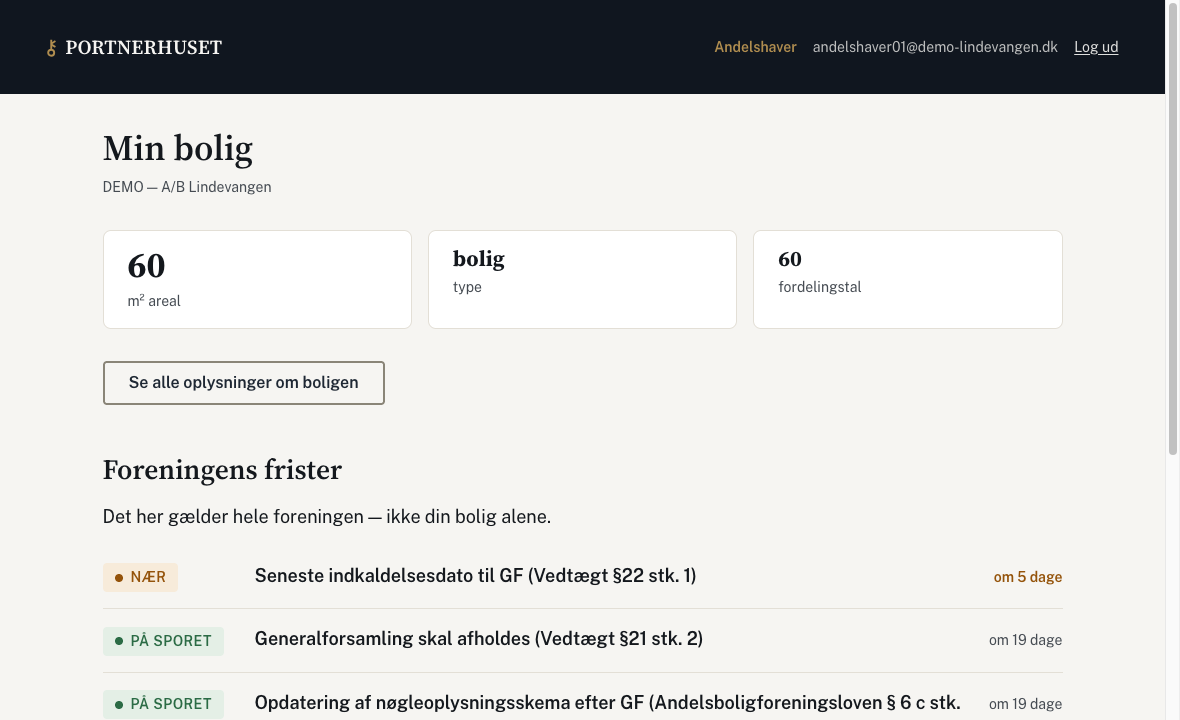 Beboerens side i portalen: boligens areal, type og fordelingstal øverst, derefter foreningens frister med tydelig markering af, hvad der nærmer sig.
